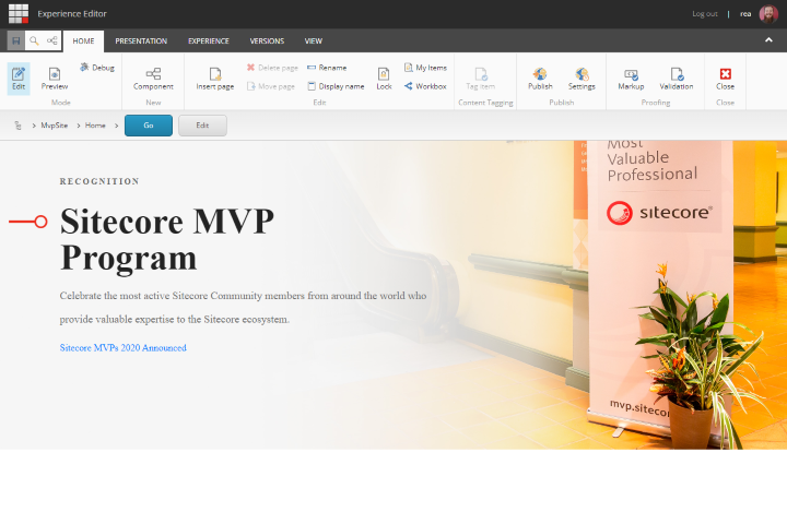 MVP Site loaded in Sitecore Experience Editor