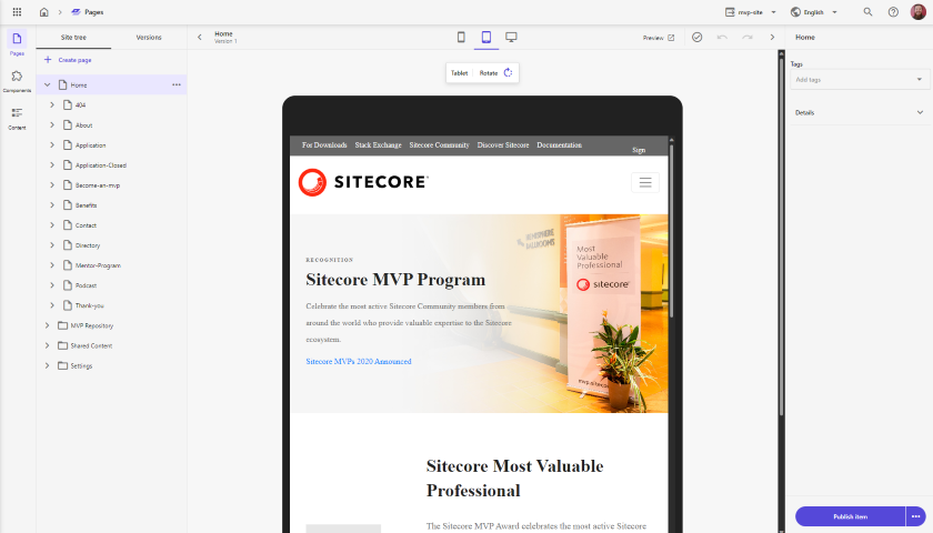 MVP Site loaaded in Sitecore Pages